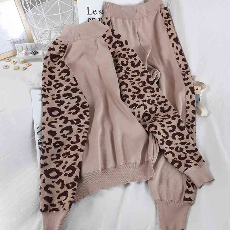 Two Piece Tracksuit Long Sleeve Coat And Trousers Fashion Leopard Patchwork Knit Casual Suit Set Autumn Female Korean 210506