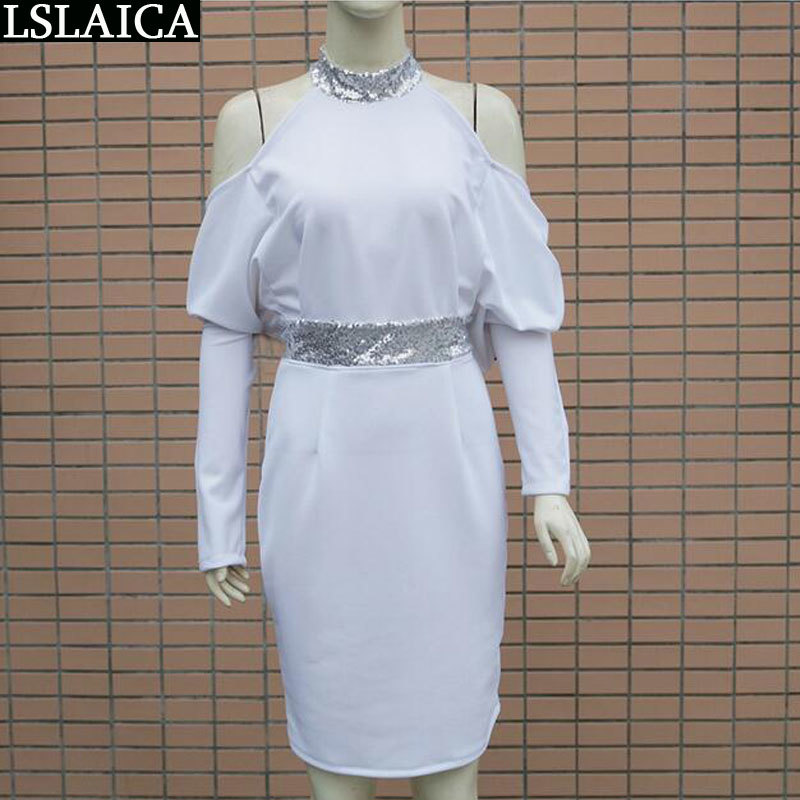 Winter dress long sleeve white halter sexy caual party elegant high waist solid color evening club bodycon 210515