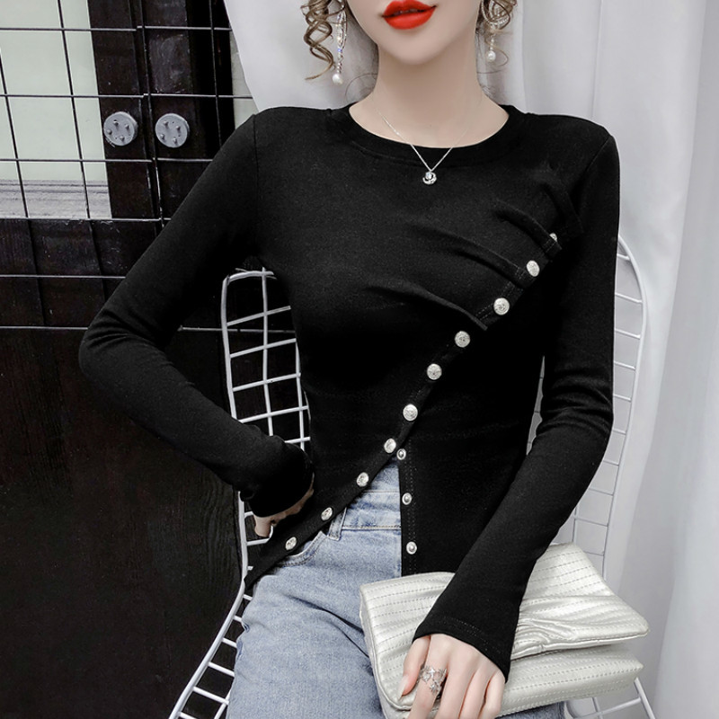 Kimutomo Irregular Long Sleeve T-shirt Spring Chic Fashion Ladies O-neck Oblique Buttons Split Slim Tops Knitwear Elegant 210521