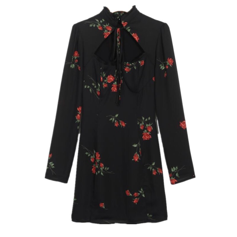Vintage France Style Rose Print Hollow Out Women Dress Black Long sleeve Lacing up Collar Slim Girl's Mini Dresses 210429
