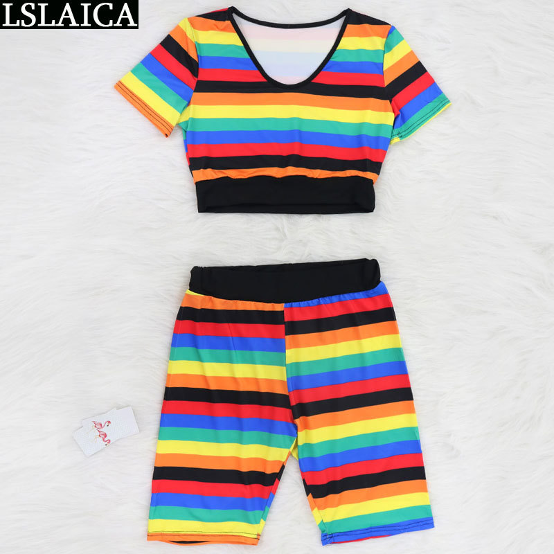 Fashion two piece set women short tops&shorts colorful rainbow striped print outfits casual elegant sets 210515