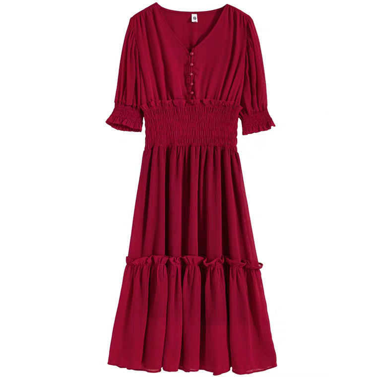 Summer Dress Vintage Women Loose Solid V Neck Button Elastic Waist Ruffle Long Ladies es Vestidos Plus Size 4XL 210526