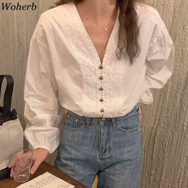 Single Breasted Blouses Puff Sleeve White Sweet Blusas Mujer De Moda Korean Lace Patchwork Loose Shirt Tops Women 210519