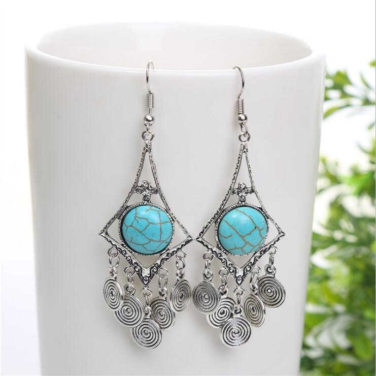 

women's hollow geometry Tibetan silver turquoise Dangle Chandelier earrings GSTQE006 fashion gift national style women DIY earring
