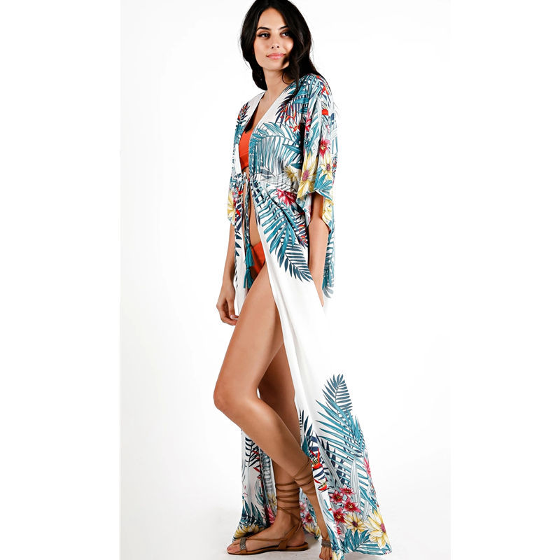 Floral Print Beach Cover up Tunics for Long Kaftan Bikini Robe de Plage Sarong Swimsuit cover #Q1053 210420