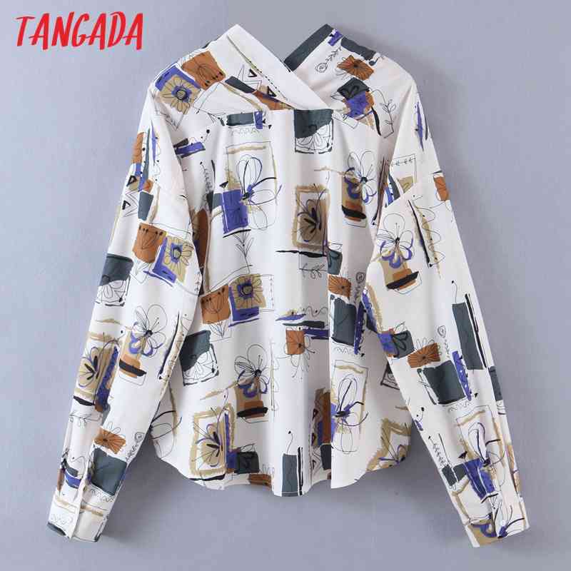 Women Oversized Print Chiffon V Neck Long Sleeve Chic Female Casual Loose Shirt SL555 210416