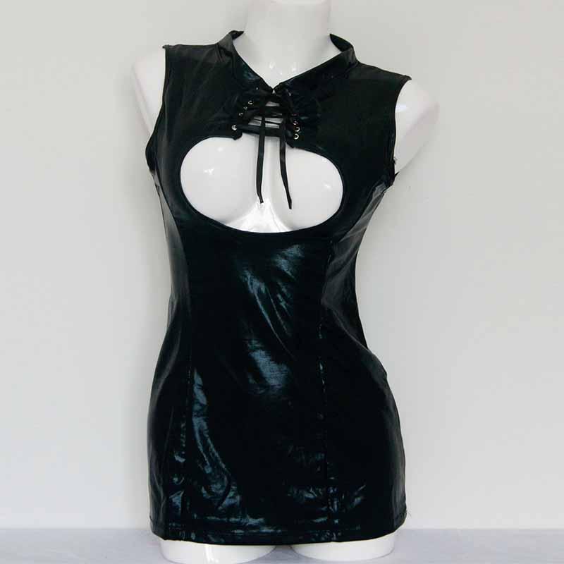 Black Wetlook Leather Dress Sexy Women Erotic Female Hollow Out Night Club Party Apparel Fetish Bondage Costumes Casual Dresses