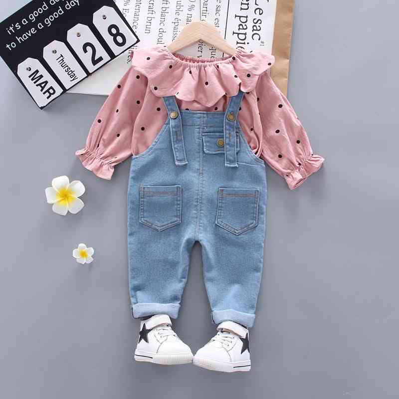 Baby Girl Clothes Sets For Children Strawberry Turndown Collar T-shirt Jeans Pants Cute Toddler Girls Suit for Kid 210508