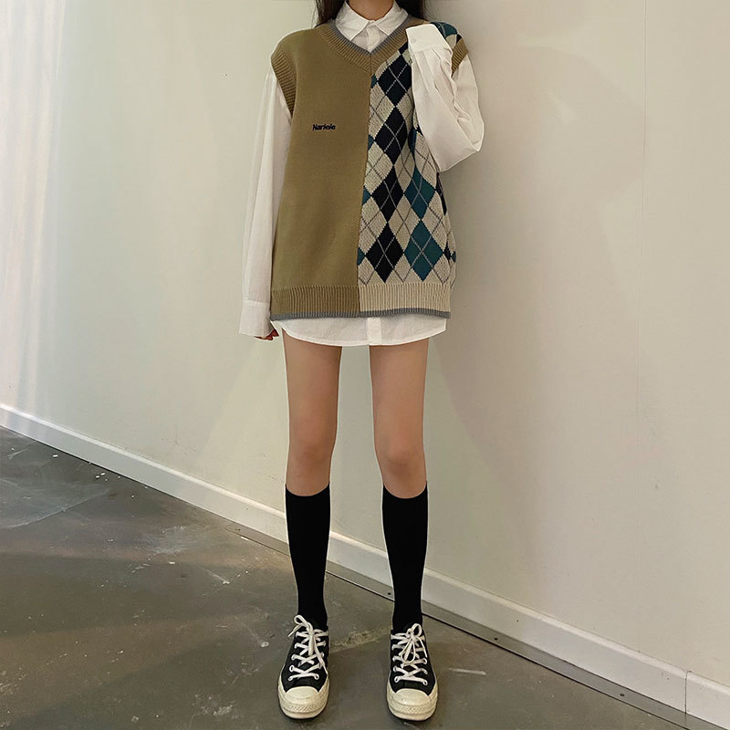 autumn and winter preppy color patchwork knitted v neck twist vest sweaters womens sweaters and pullovers womens (X1632) 210423