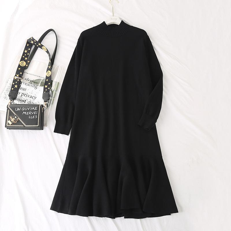 Large Female Autumn Knitted Dress Simple Mid-calf Round Neck A-line Preeey Style Ruff Solid Long Sleeves Loose Xl-4XL Casual Dresses