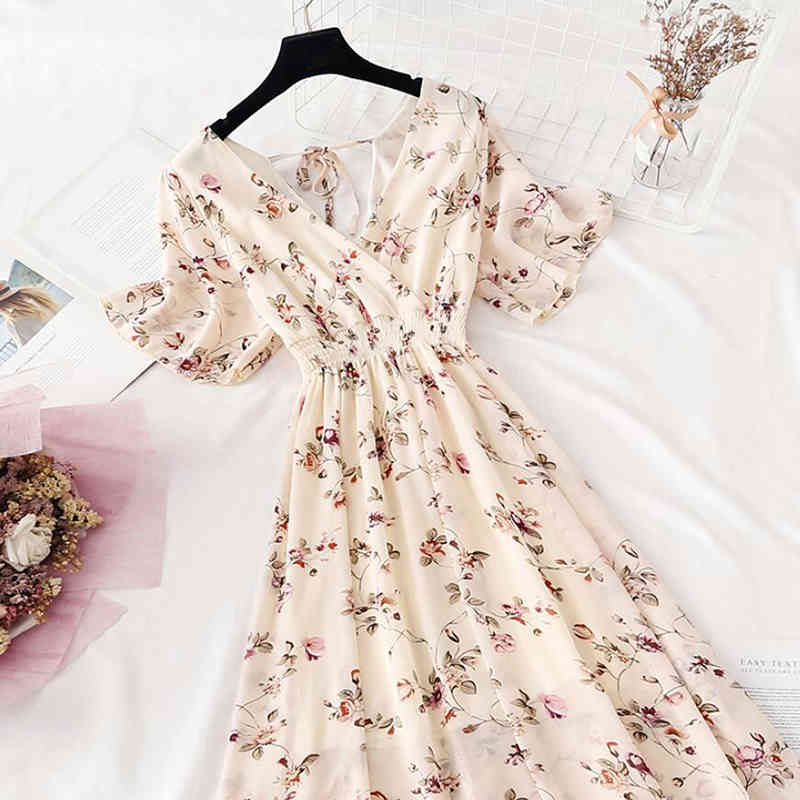 Bohemia V-neck Long Dress Summer Women Floral Print Chiffon Dress Female Short Sleeve Backless Ruffles Vestidos 210521