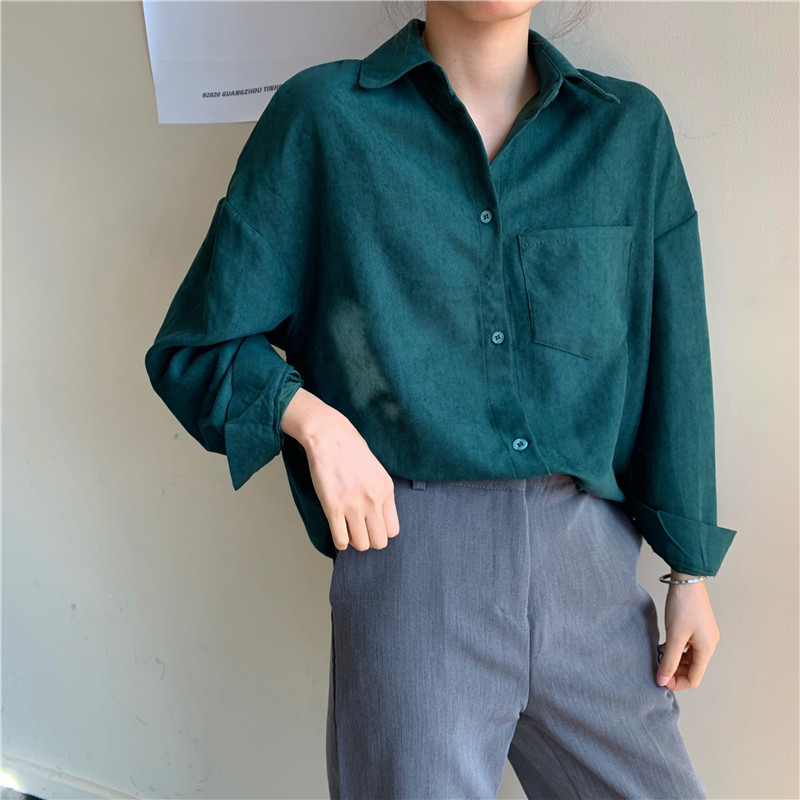 OL Shirt Women Long Sleeve Lapel Loose Fashion Solid Green Tops Casual Blouse Work Shirts Blusas Mujer De Moda 210421