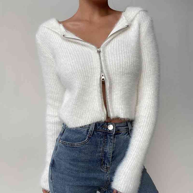 Women Zip Through Rib Fluffy Hooded Knit Cardigan Up Crop Sweater 210512