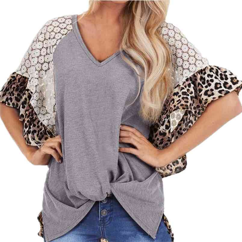 

Sexy V-neck Lace Hollow Out Leopard Patchwork Irregular Flare Sleeve T-shirts Women Summer Casual Loose Twist Knot Oversize Tops 210604, Gray