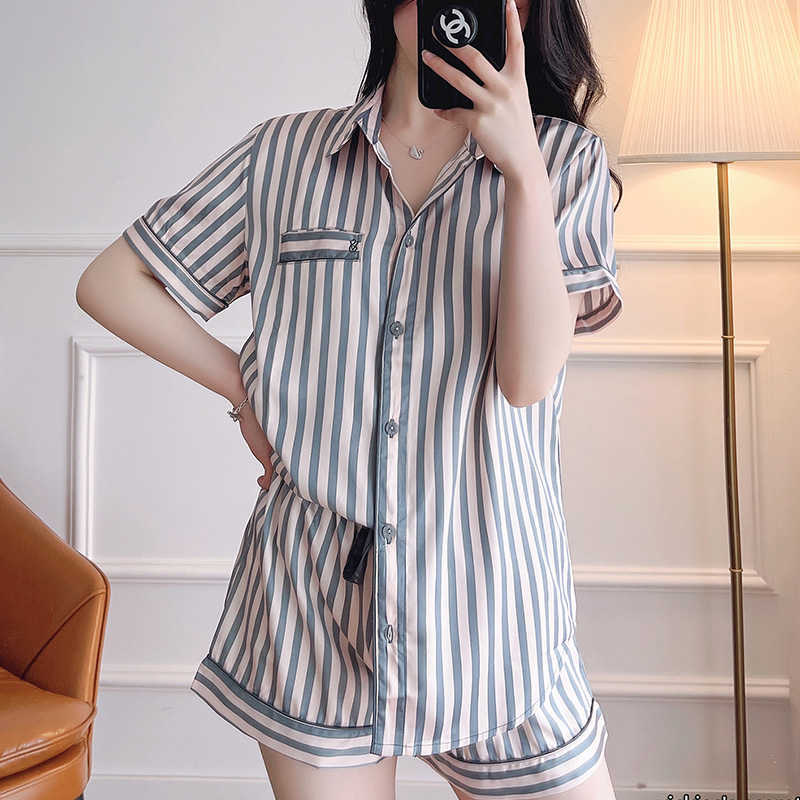 Pink 2 Pieces Pajamas Sets Faux Silk Striped Pyjama Sleepwear Spring Summer Homewear 210809
