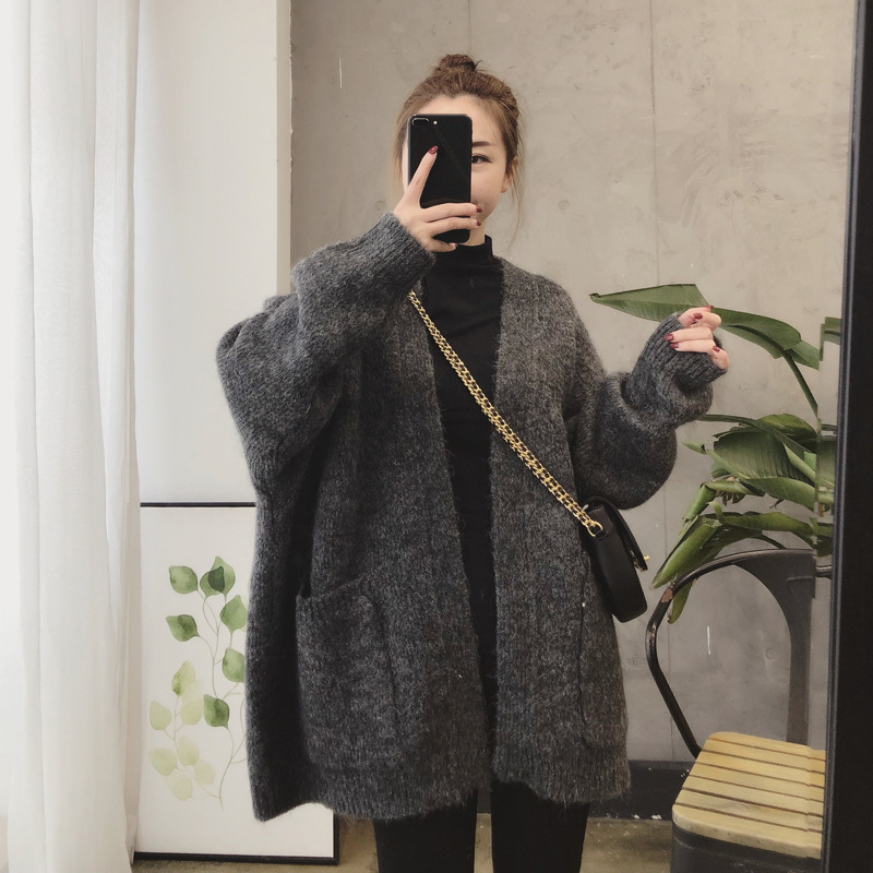 Korean Women Loose Cardigan Female chic thick Sweater Jacket Autumn Winter V-neck oversized knitted sweaters Coat 210422