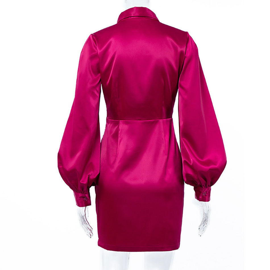 Free Autumn Women's Satin Dress Lapel Lantern Sleeve Ruffle Slim Mini Club Evening Party Vestidos 210524