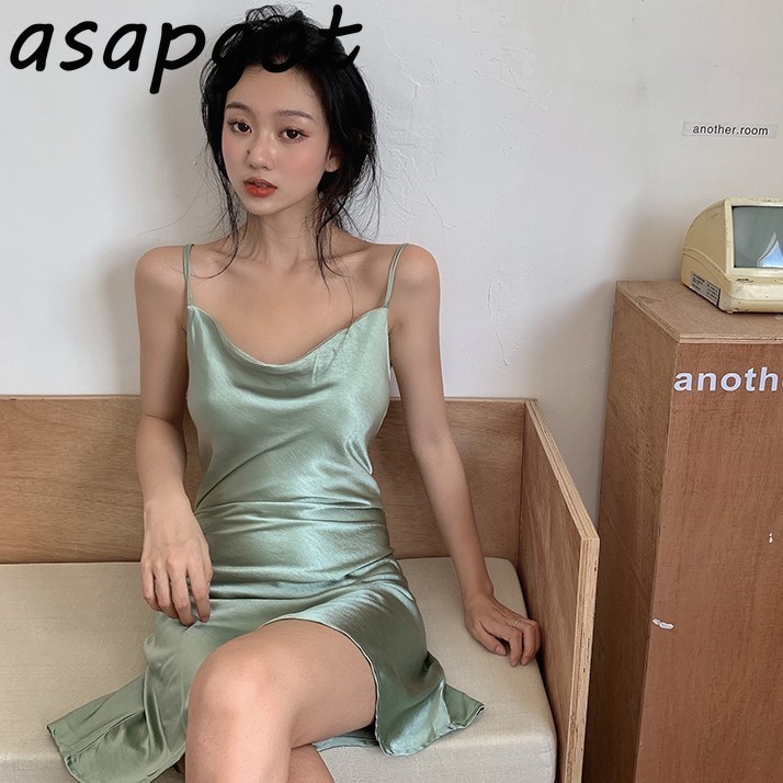 Dresses Sexy Summer Slim Plus Size Backless Green Satin Women Mini Temperament Sleeveless Black Silk Strap 210429