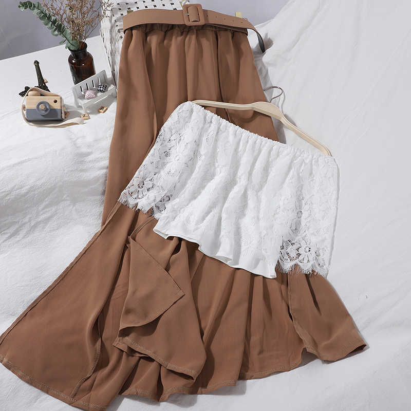 DEAT Women Slash Neck Lace Sleeveless Split Long Pants Two Piece Set Temperament Fashion Spring Summer 11D389 210709