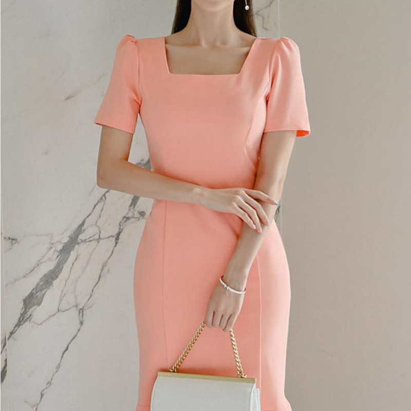 OL Summer Dress Women Elegant Short Sleeve Square Collar Package Hip Sexy Party Fishtail Dresses Plus Size 210421