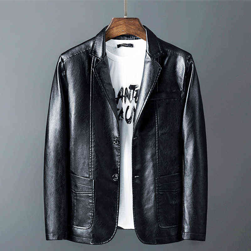 LBL Leather Jacket Male Slim Autumn Fashion Zipper Pockets PU Leather Men's Suit Jacket Pure Solid Color Leisure Coats 211111