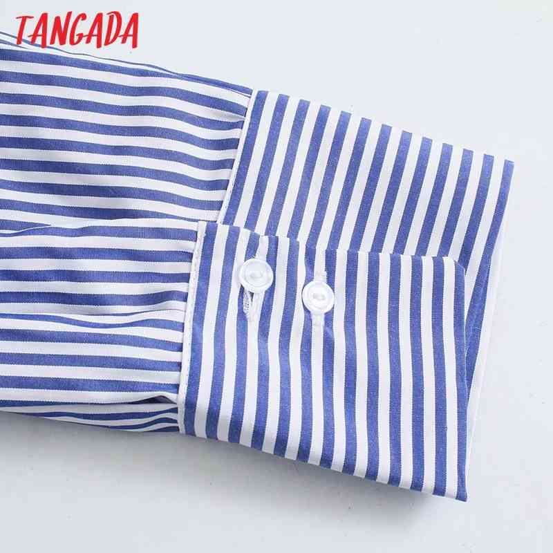 Women Retro Blue Striped Crop Turn Down Collar Chic Female Shirt Tops 4M07 210416
