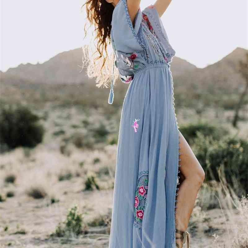 Arrival Floral Embroidery Bohemian Maxi Dress Female Casual People Beach Dresses Vestidos 210520