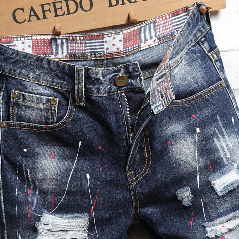 Men's Jeans Men Summer Hole Ripped Denim Short Casual Knee Length Distressed Jean Breeches Graphic Stacked Pantalon Moto Homme