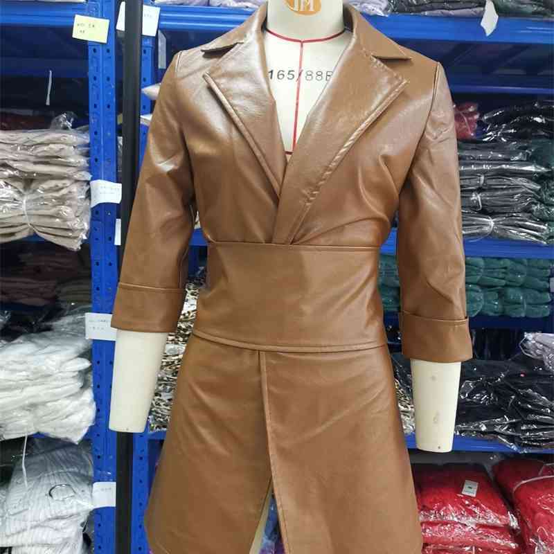 Winter PU Leather Dress Women Casual Notched Collar High Waisted Mini Dress Vestidos Office Lady Streetwear Slim Fit Clothing 210521