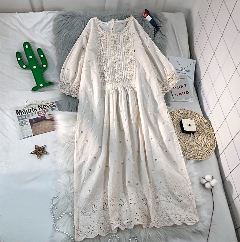 Summer Japanese-Style Cotton Hook Flower Lace Embroidery Dress Solid Color Cotton Female Dress 210331Z