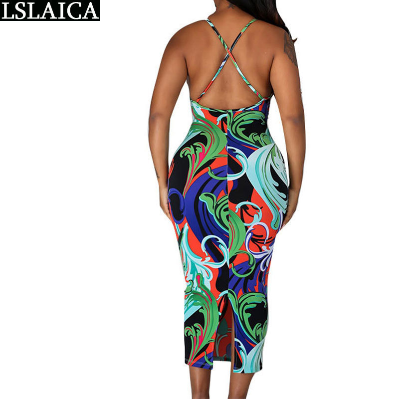 Painted Print Dress Sexy & Club Skinny Mid-Calf Fashion Sale Woman Backless Sleeveless Hem Split Maxi 210515