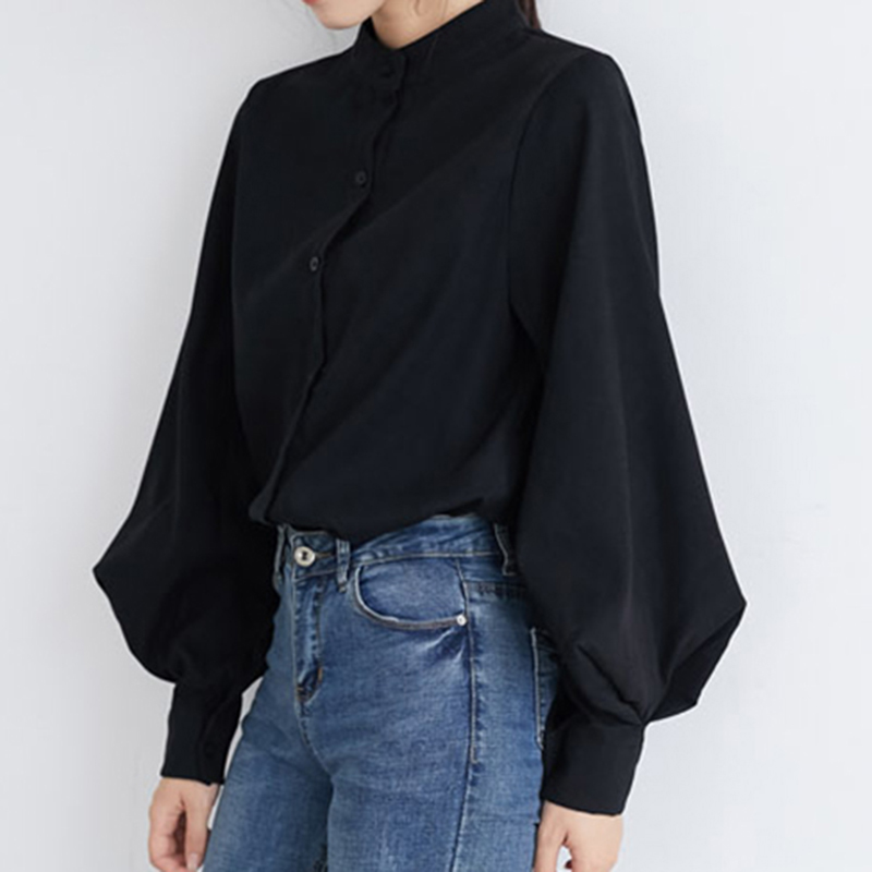 Lucyever Blue Mandarin Collar Shirts Womens Autum Big Lantern Sleeve Blouses Woman Korean Style Single Breasted Tops Femme 210521