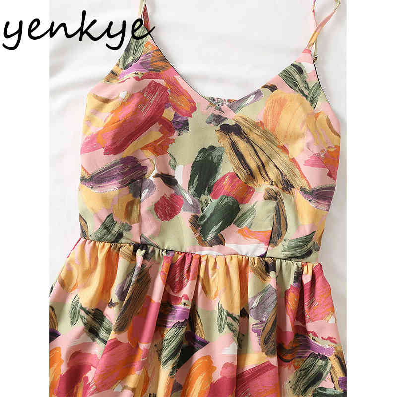 Vintage Multicolor Print Sexy Sling Dress Women V Neck Sleeveless A-line Mini Holiday Beach Summer Short Vestido 210430