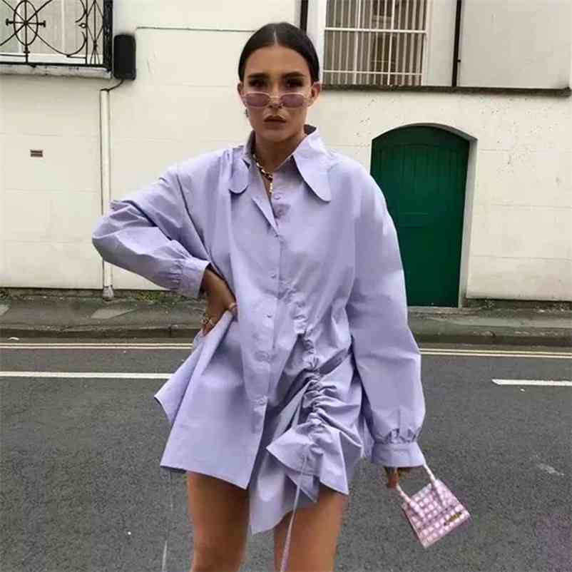 Foridol Chic Style Lace Up Short Shirt Dress Women Casual Oversized Streetwear Purple Short Dress Spring Autumn Dress 210415