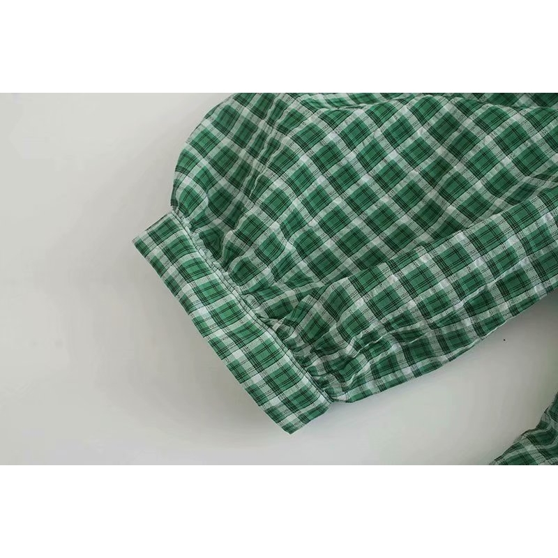 vintage green v neck women short blouses summer fashion lantern sleeve ladies shirts casual plaid female blouse 210430
