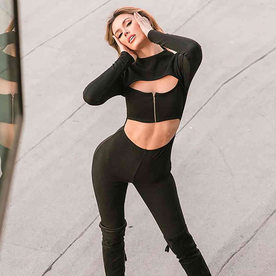 Summer Women Black Hollow Out Bandage Jumpsuits Sexy Full Sleeve & Long Pants Club Evening Casual Lady 210423