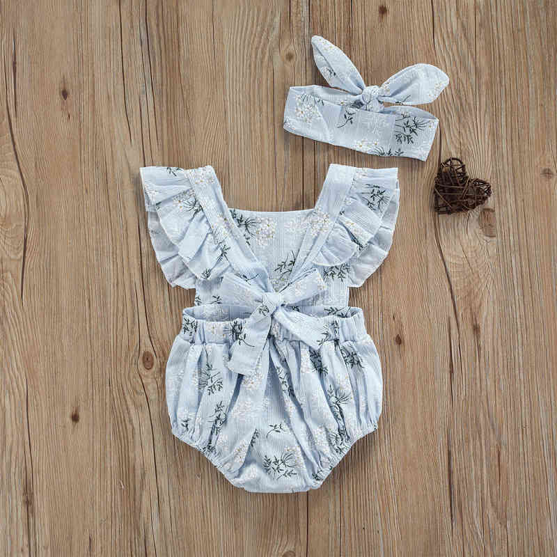 Infant Lace Romper + Bow Turban, Flower Print Elastic Sweet Style Little Princess Romper Outfit Summer Baby Girl Clothes G1221