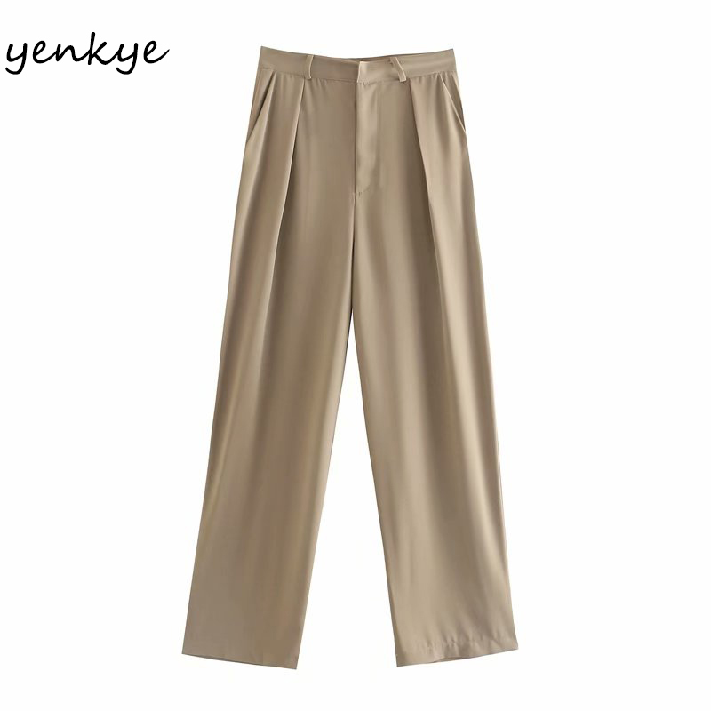 Spring Women Casual Wide Leg Pants Female Solid Color High Waist Flowy Elegant Office Trousers pantalon pour femme 210430