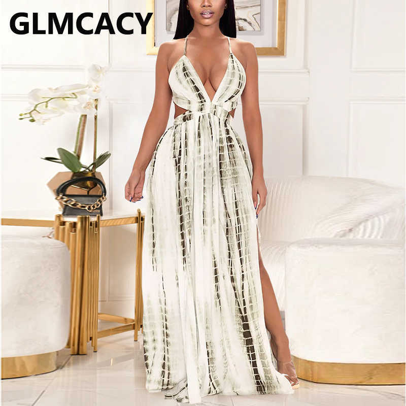 Spaghetti Strap Abstract Printed High Slit Dress 210702
