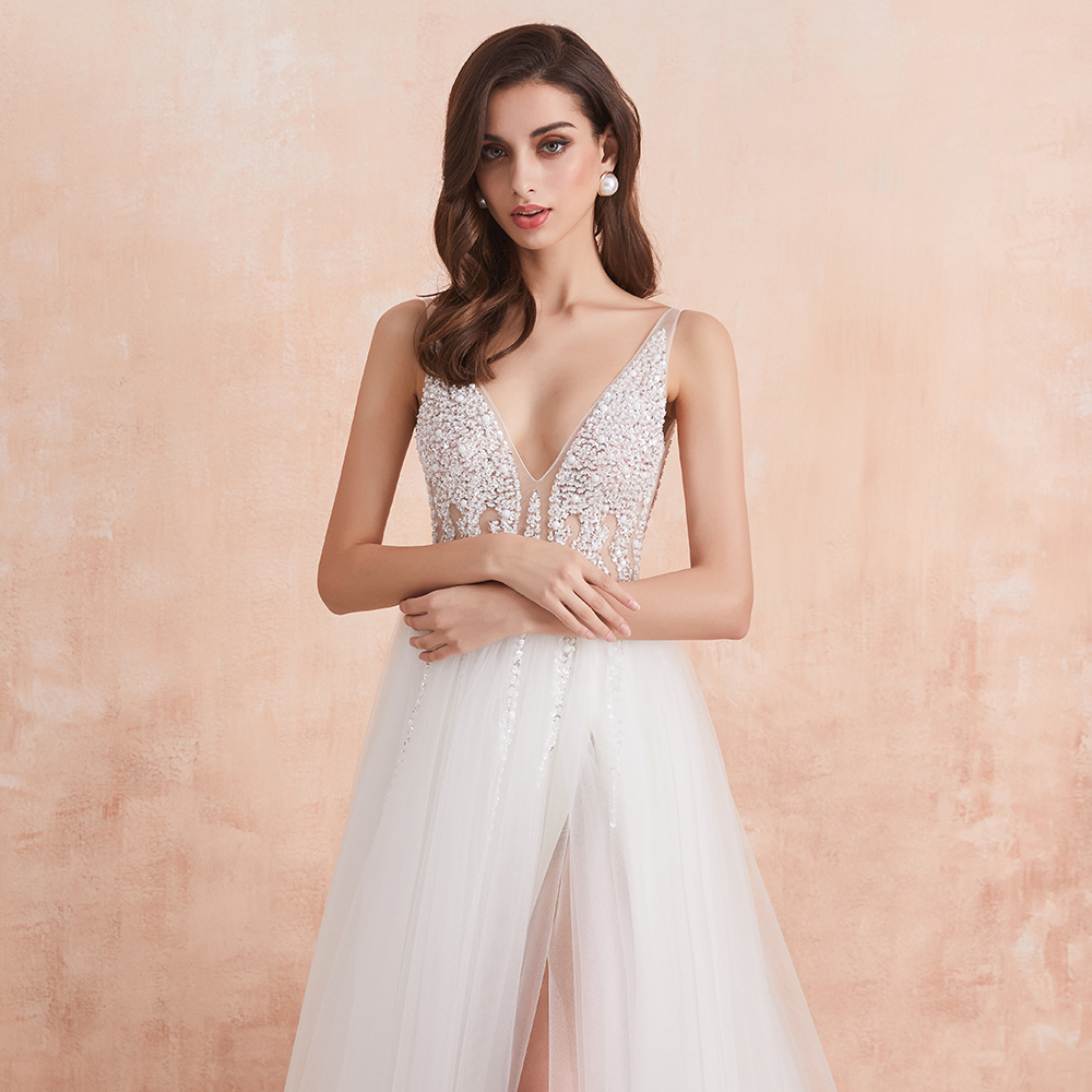 V Neck Wedding Dress White Ivory Sexy High Splits Beaded Beading Pearls Crystal A Line Backless Bridal Gown Vestido De Noiva Robe Mariage