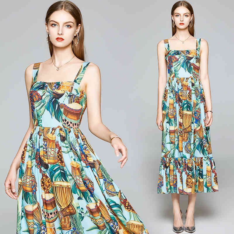 Fashion Runway Summer Beach Holiday Spaghetti Strap Long Dresses Women's Vintage Pattern Print Ruffles Dress 210506