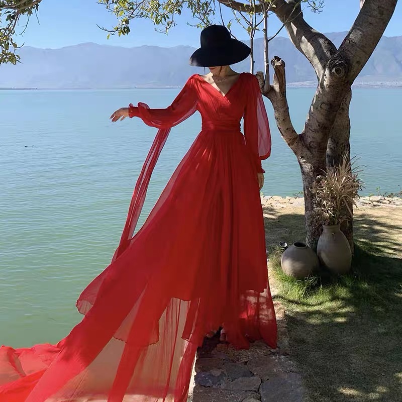 Floor-Length Red Long Women Dress Chiffon Summer V-neck Lantern Sleeve Fit and Flare Party Dresses Elegant 210421