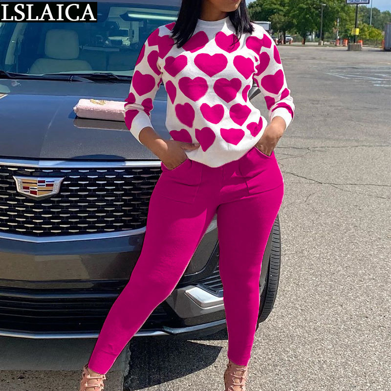 Sets Womens Outfits Heart-shaped Print Long Sleeve Tops Solid Woman Pants Two Piece Set Casual Fashion Winter Clothes Women 210515