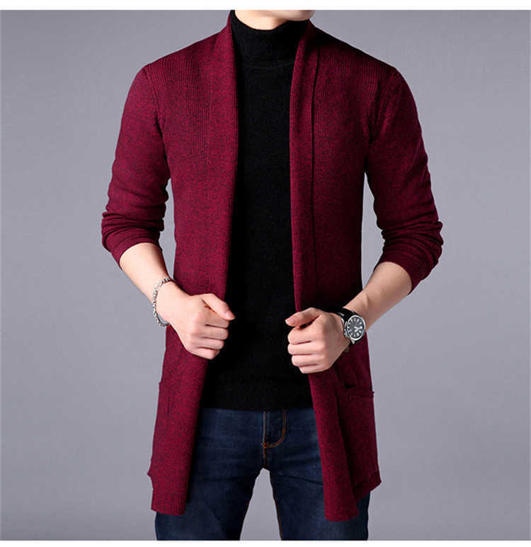 Men Long Style Sweater Spring and Autumn X-Long Knit Sweater Jackets Solid Color Sweatercoat 210818