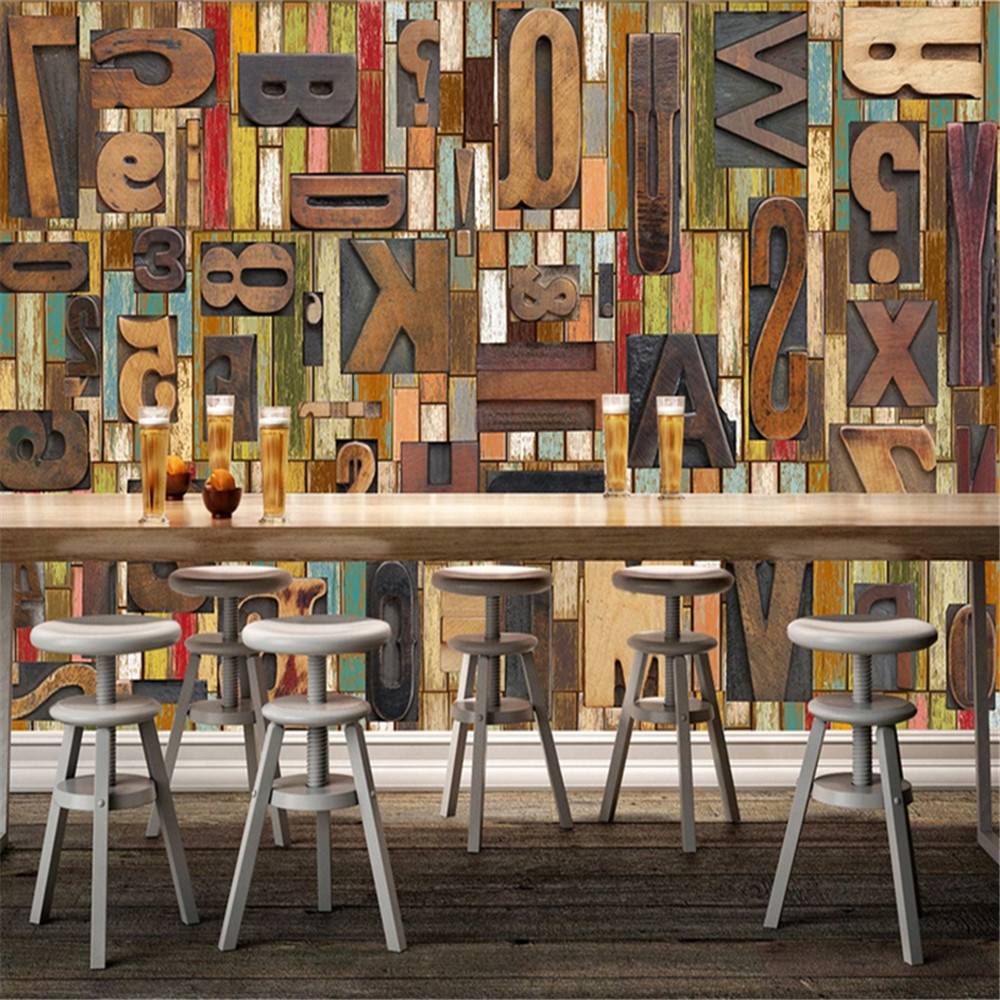 Custom Wall Vintage Plank Woodcut Mural Wallpaper English Alphabet Bar Restaurant Cafe 3d Wallpapers For Walls