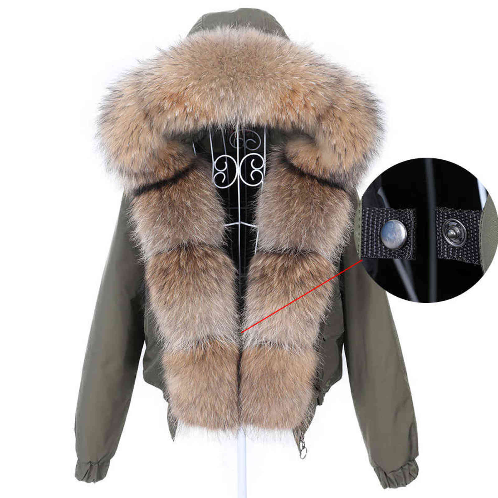 Lavelache Winter Short Women Real Fur Coat Natural Raccoon Fur Collar Detachable Winter Parka Bomber Jacket Waterproof 211123