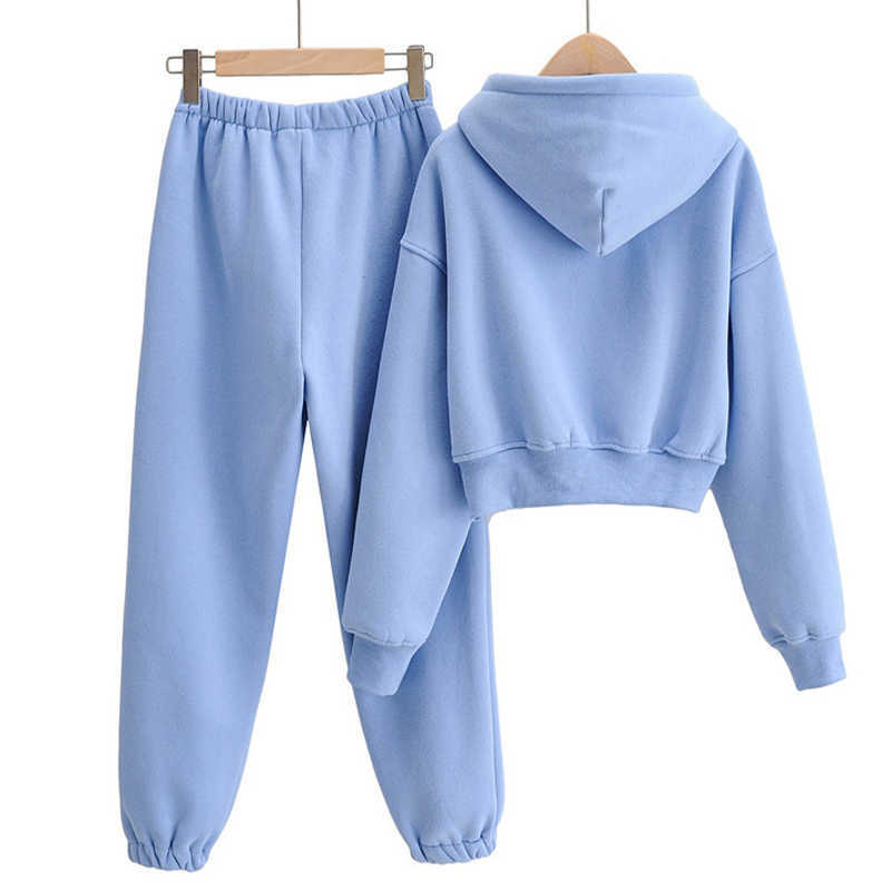Women's Tracksuit Crop Top Hoodies Two Pieces Set High Waist Pullover Hooded Joggers Suit Female Autumn Lady Sportwear Sets 210925wtt