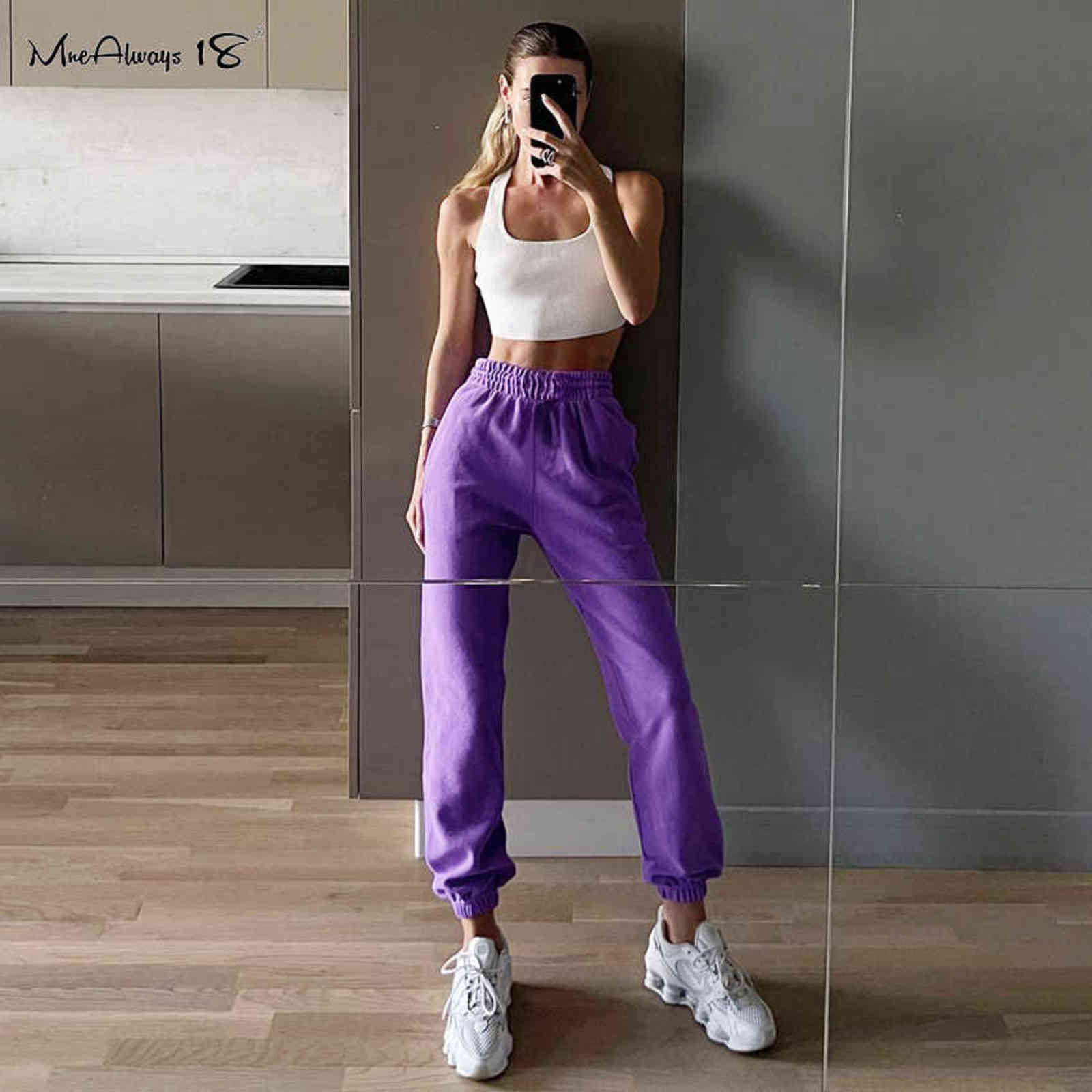 Mnealways18 Elastic High Waist Women Sweatpants Solid Casual Pocket Female Sport Pencil Pants Autumn Winter Joggers Active 211115