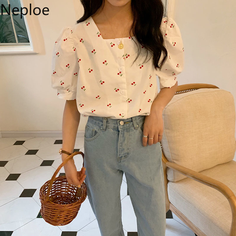 Neploe Vintage Print Cherry Women Blouses Square Collar Sweet Puff Sleeve Shirt Loose All-match Summer White Blouse Tops Female 210422