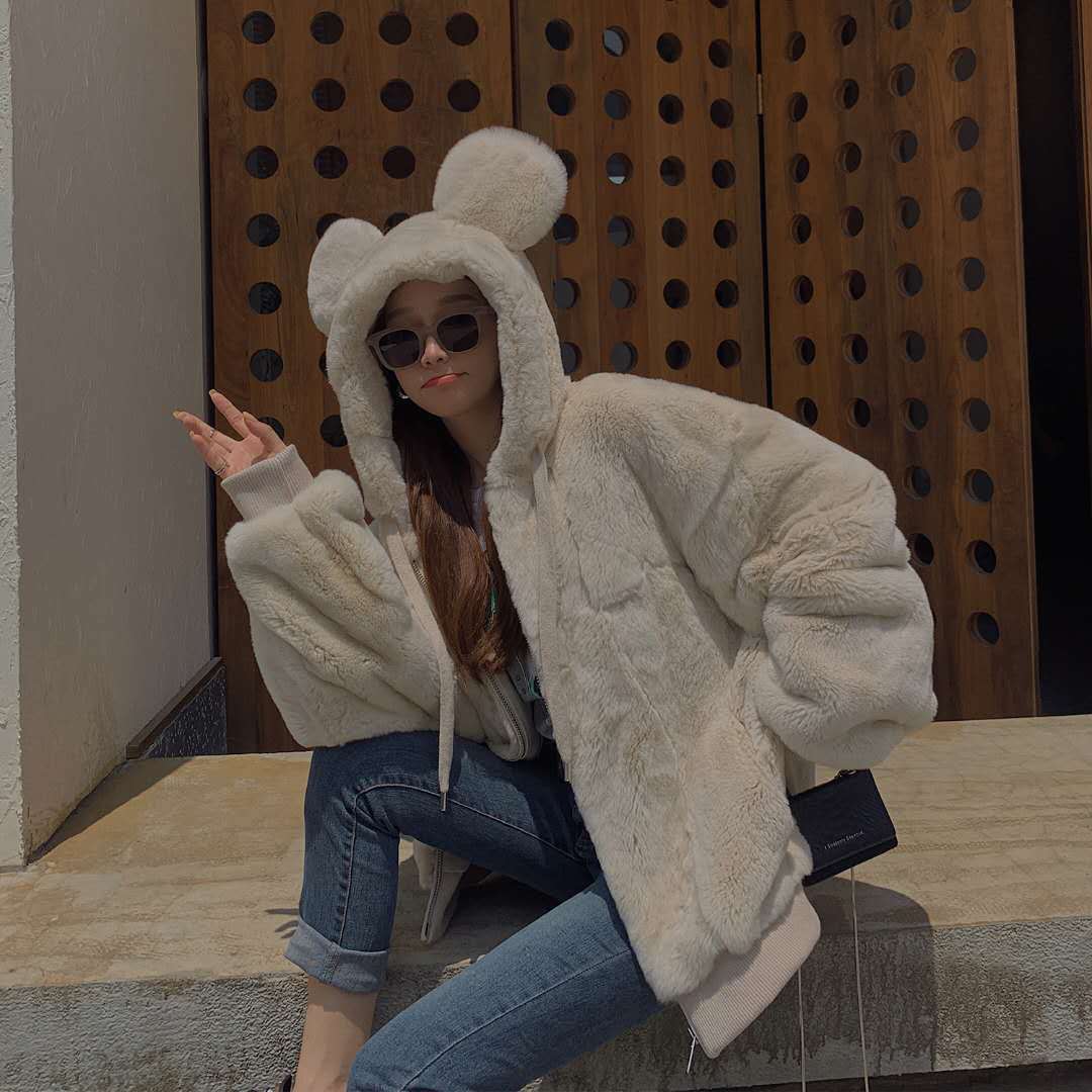Warm Fur Coat In Winter Lovely Girl Leopard Print Rabbit Ears Vintage Hooded Faux s Thick Outwears 210510